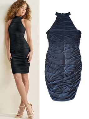 VENUS Black Ruched Shape Embrace Mock Neck Midi Dress Large Clubwear